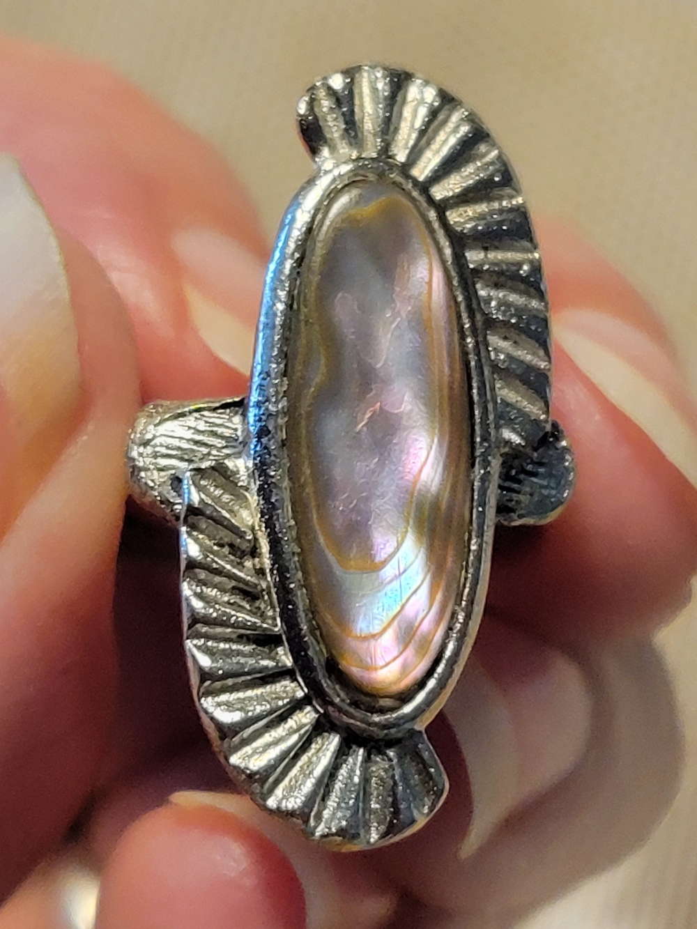 Iridescent Abalone Oval Silver-Tone Statement Ring - Pink Hues